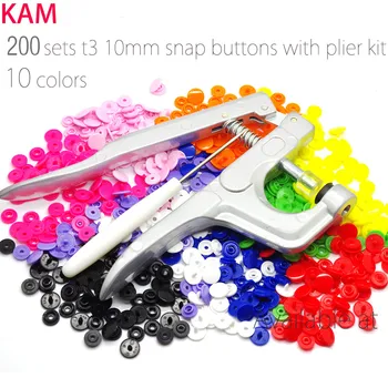 

10 Colors Mixed 200 Sets KAM T3 16 10mm Plastic Snap Buttons &Snap Pliers For Fastener For Diaper DIY Kit Mixing n m