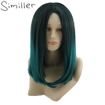 

Similler Africa American Women's Wigs Medium Straight Synthetic Hair Ombre Color Black Root Green
