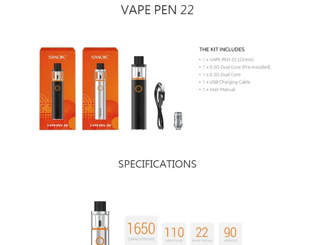 SMOK Vape Pen 22 комплект 1650 Ом двухъядерный со встроенным аккумулятором мАч светодиодный индикатор электронная сигарета vs vape nord 22