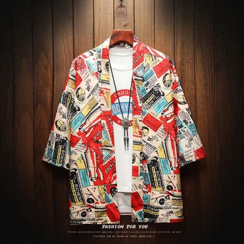 

2019 Spring And Summer New Fashion Seven-point Sleeve Cardigan Men's Thin Retro Japanese Harajuku Tide Cotton Casual Shirt