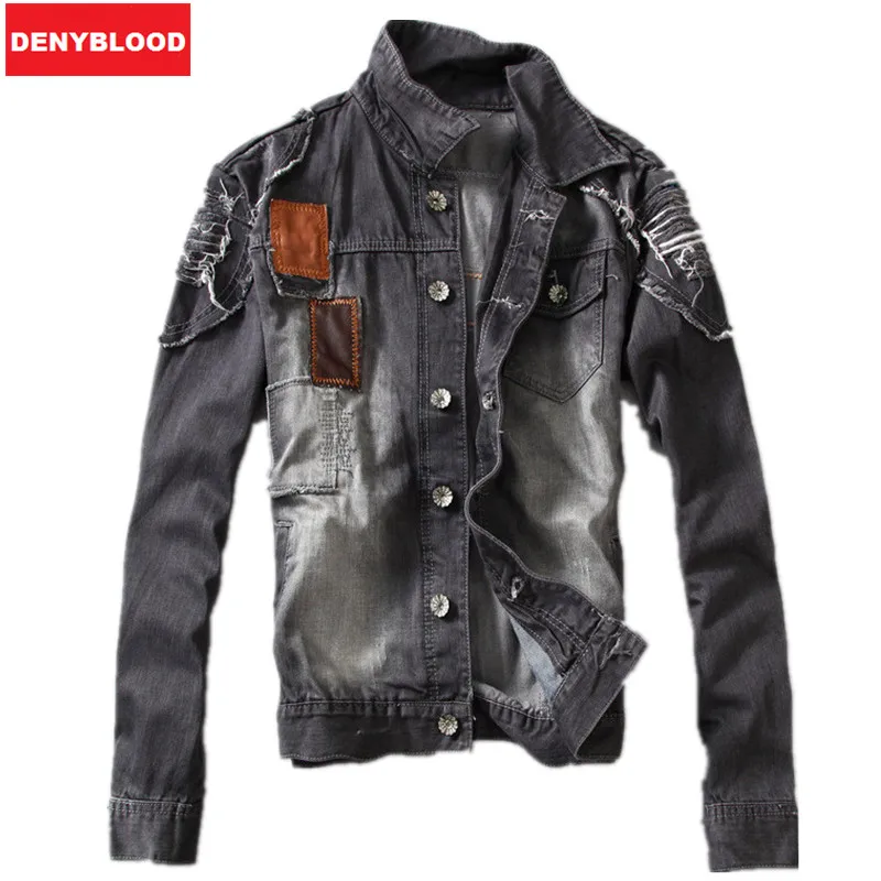 2015 Autum Mens Black Slim fitted Denim Jacket Distressed Jeans Ripped