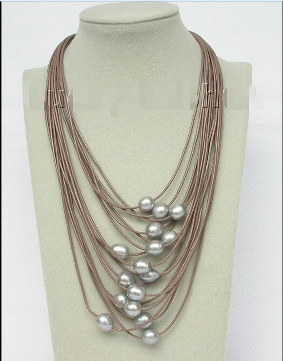 

FREE shipping>>>>17"-24" 15row 14mm Gray pearls coffee leather necklace magnet clasp j8804