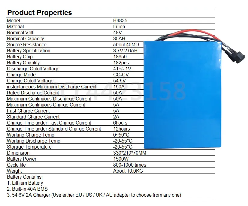 Best Free Customs Duty E-Bike Battery 48V 35AH High Power 1500W Lithium Battery Pack for 48V Electric Bike with 54.6V Charger 30A BMS 2