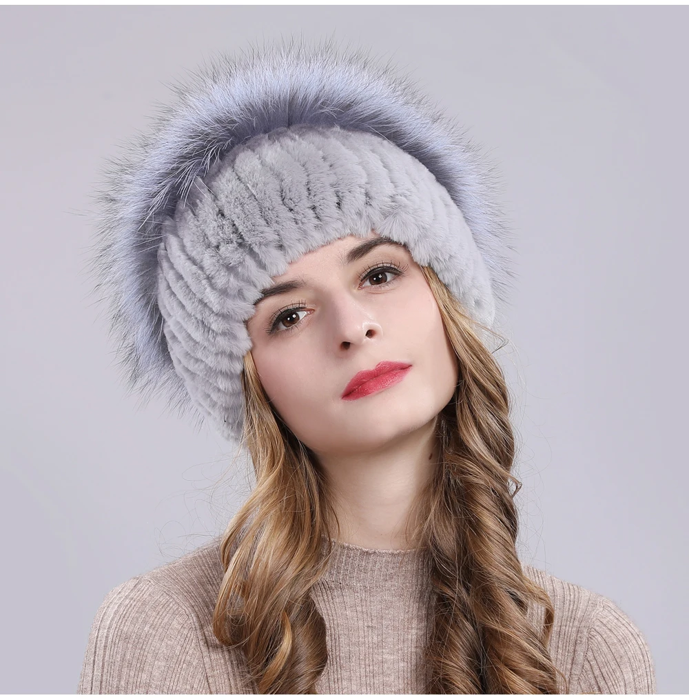 Outdoor Women Warm Soft Genuine Rex Rabbit Fur Hat Knitted Natural Real Sliver Fox Fur Caps Winter Real Rabbit Fur Beanies Hats