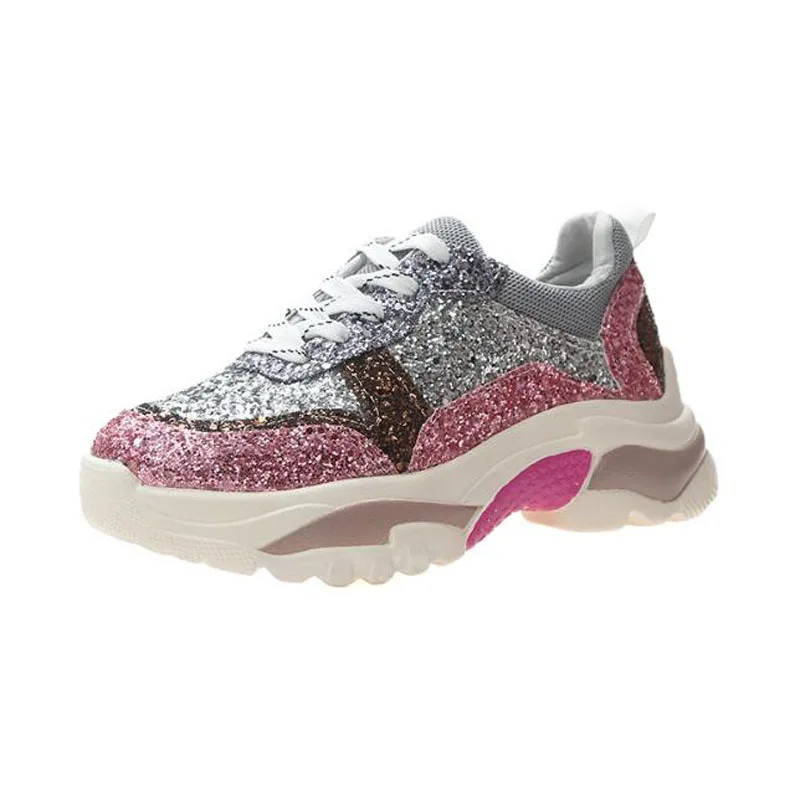 

High quality Sneakers 2019 Women Sport Shoes Lace-Up Rubber Fashion Flat Running Shoes Casual Shoes female Pink sequined shoes