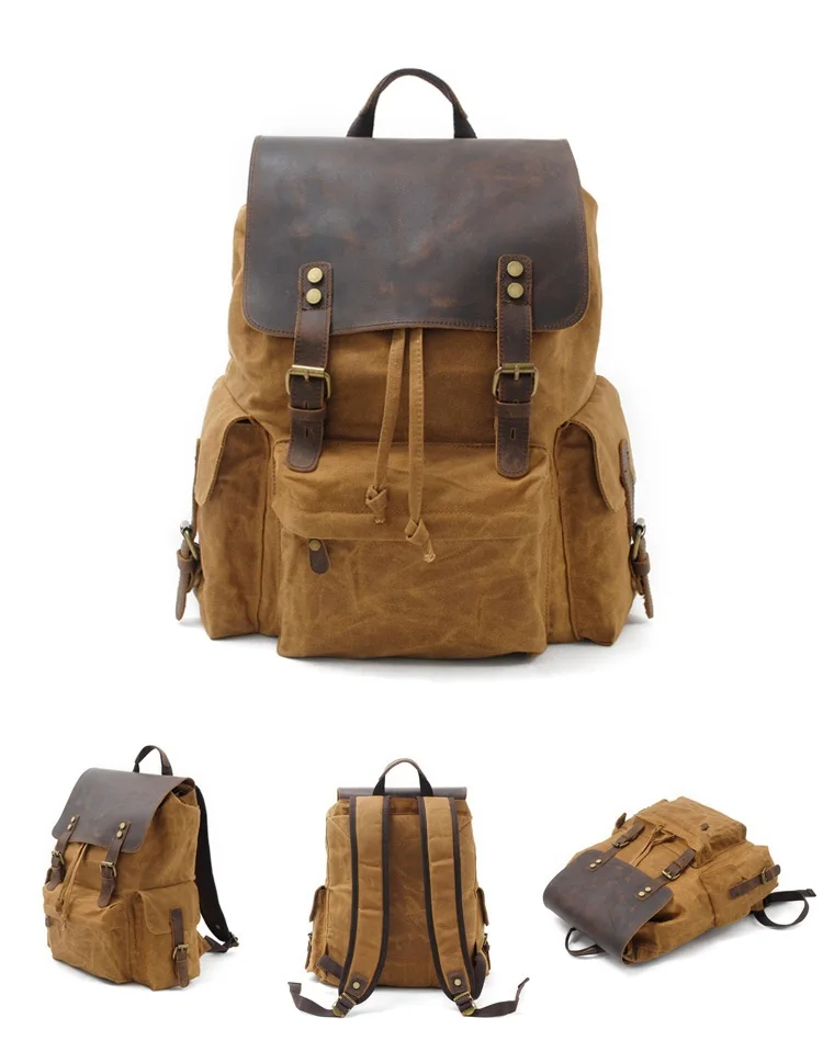 COLOR DISPLAY KHAKI of Woosir Vintage Waxed Canvas Leather Waterproof Travel Backpack