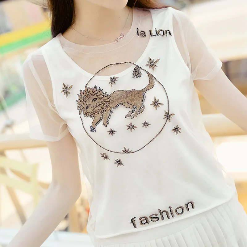 

Runway Womens T-shirt Luxury Embroidery Tee Lion 2018 Summer Two Pieces Mesh and Camisole Female Pullover Brand Designer Tops