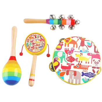 

4pcs/set Infant Wooden Hand Drum Rattle Sand Hammer Set Kids Cartoon Animal Musical Instrument Toy Baby Wood Handbell Play Toys