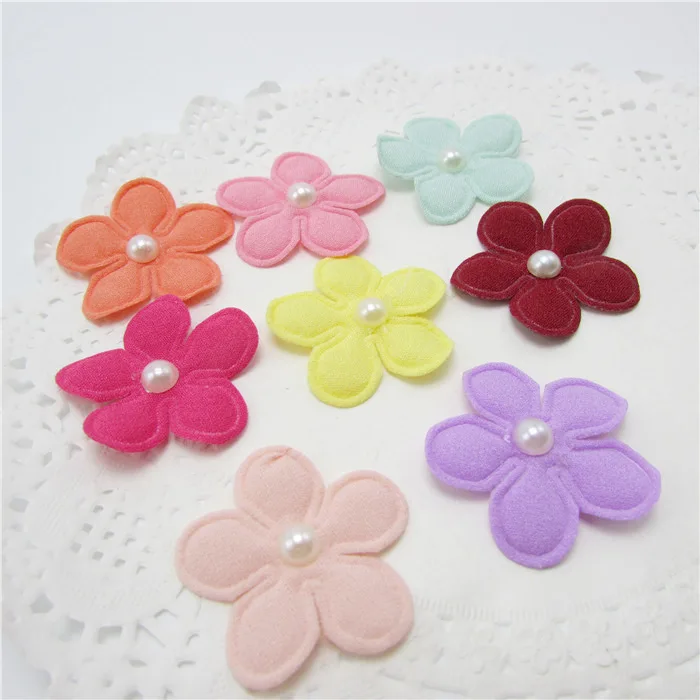 40PCS/lot 3.5cm flower felt padded applique with pearl Crafts for