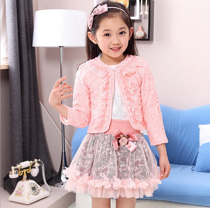

fashion children clothing for kids flower outfits sets girl 3 piece Princess lace ruffle cardigan tops tutu skirts suits HB1135