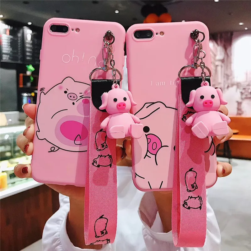 

Cartoon Pink Pig Phone Case For iphone X XSMax XR Case For iphone 6 6S 7 8 plus Back Cover Cute Doll with Lanyard Soft Case Capa