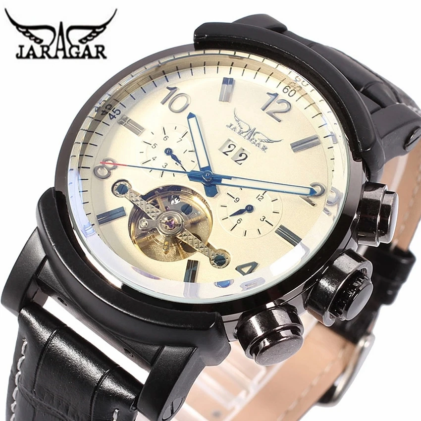 

JARAGAR New Black Watch Men Automatic Mechanical Watches Mens Luxury Brand Famous Leather Wristwatch Clock Men Relogio Masculino
