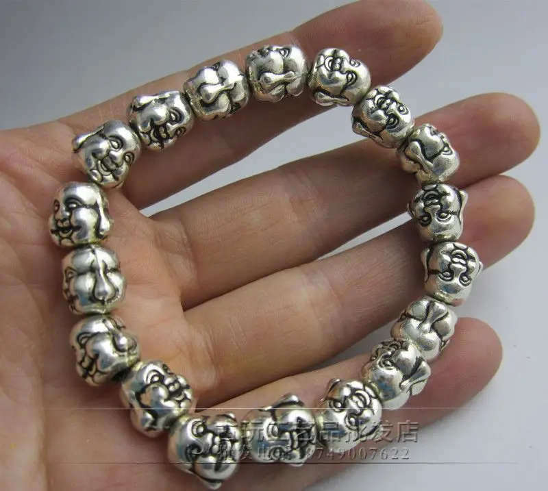 

Buddha head Miao silver bracelet, jewelry for men and women, hand beads, Maitreya Buddha's hand strings to keep safe