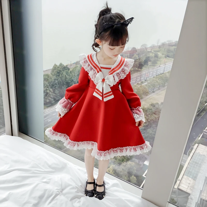 

New Girls Spring Dress Preppy Style Red Dress Children Clothes Autumn Tide Dress Long-sleeved dress Cute Girl fit 3-8 Years Old