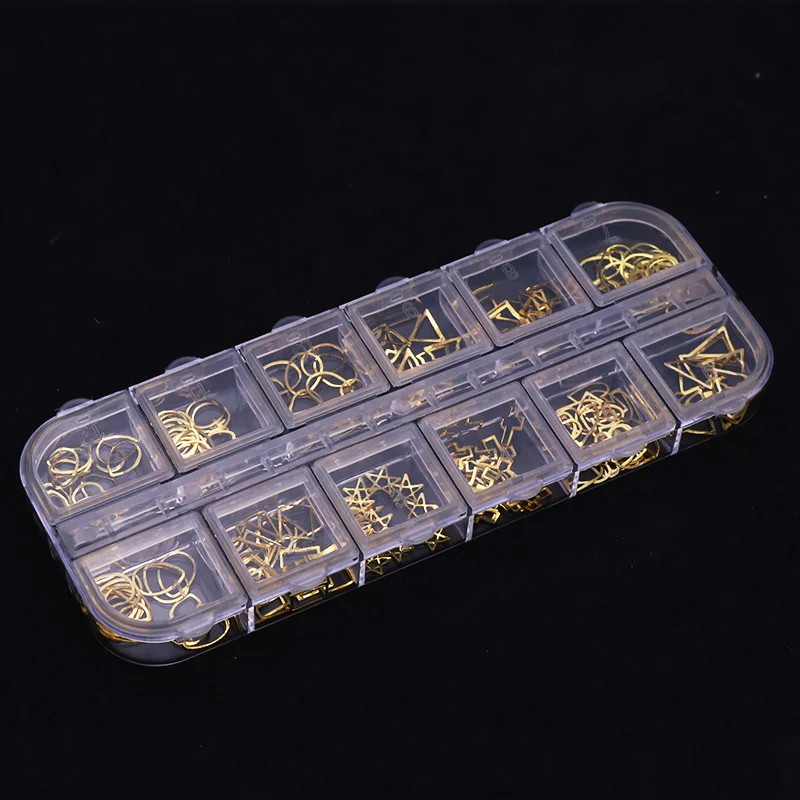 Золотые, серебряные, полые заклепки для ногтей с коробкой крест квадратные металлические шпильки 3D DIY украшения для ногтей