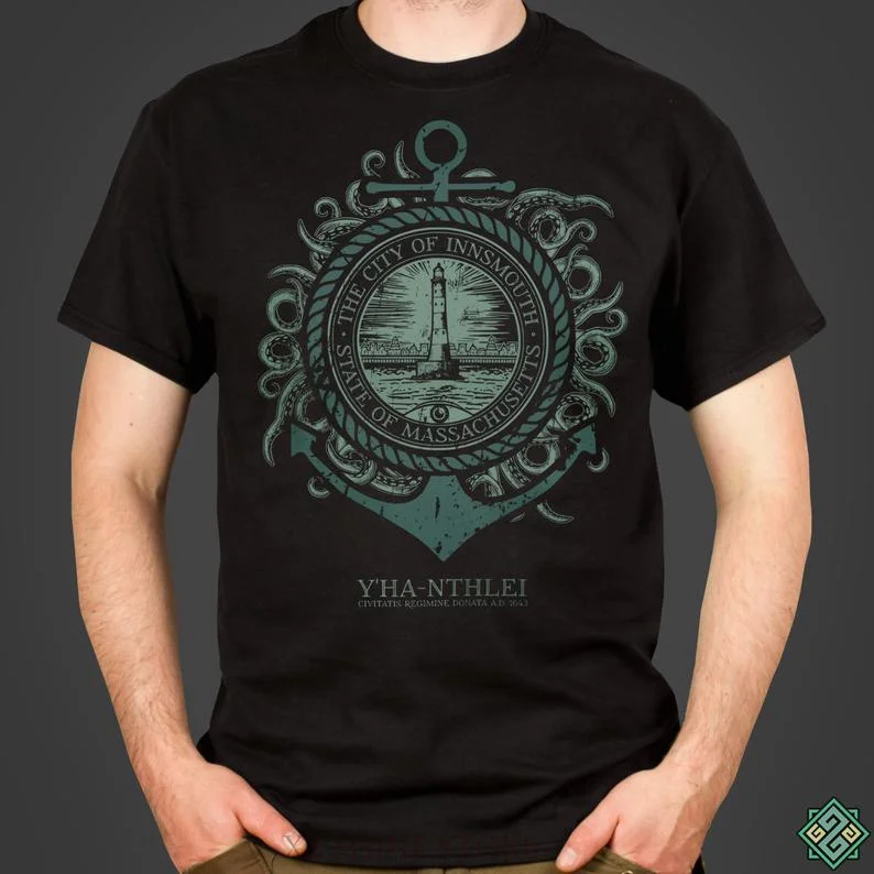 

Innsmouth City Seal H P Lovecrafts Call of Cthulhu inspired Mens horror themed t-shirt screen printed by hand geek gift