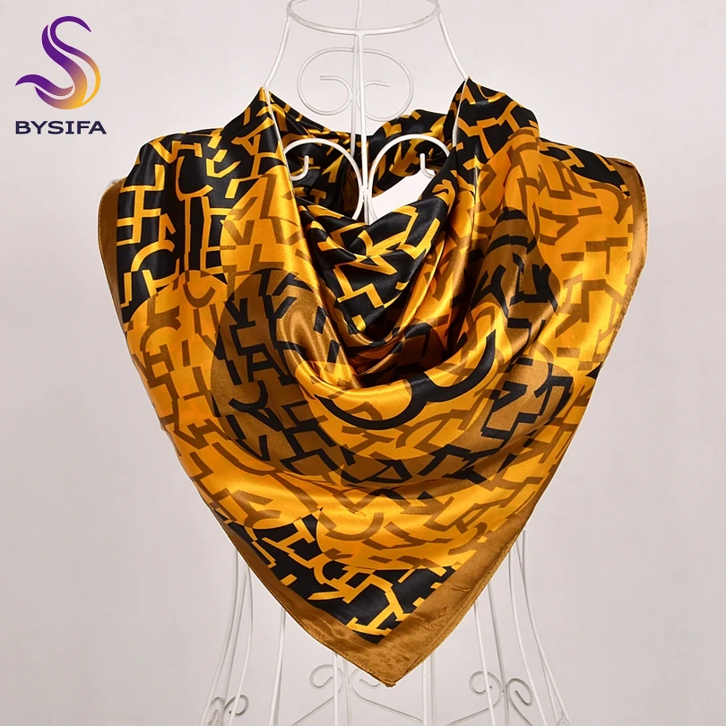 [BYSIFA] зимний черный золотой шелковый шарф, шаль, Женский брендовый атласный большой квадратный шарф, весенне-осенний шелковый шарф для шеи, хиджаб