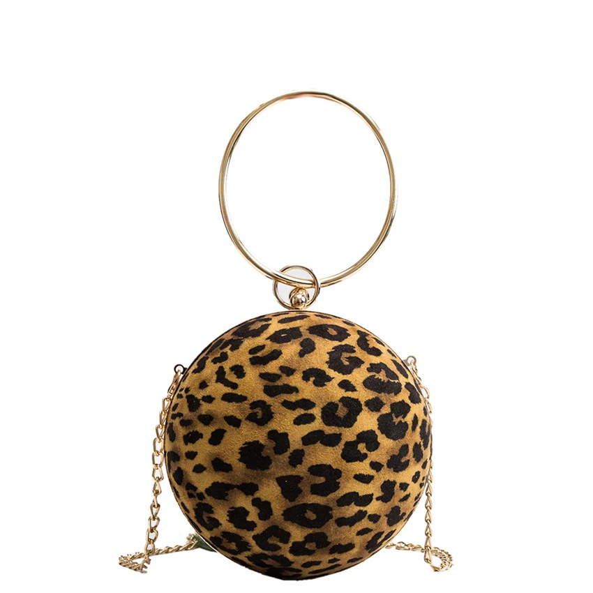 2018 المرأة حقيبة يد Tellurion مساء حقيبة ليوبارد كرة مستديرة المعصم Crossbody حقيبة مقبض معدني دائري حقيبة كتف