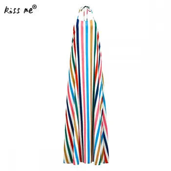 

Chiffon Long Dress Striped Halter String Casual Dress Beach Maxi Dress Women Summer Holiday Beach Suit Sexy Backless Sun Dresses