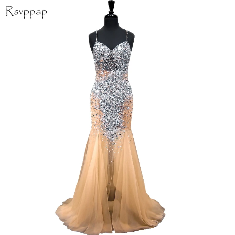 

Long Evening Dress 2019 Real Sample Mermaid Sweetheart Beaded Crystals African Backless Champagne Women Formal Evening Gowns