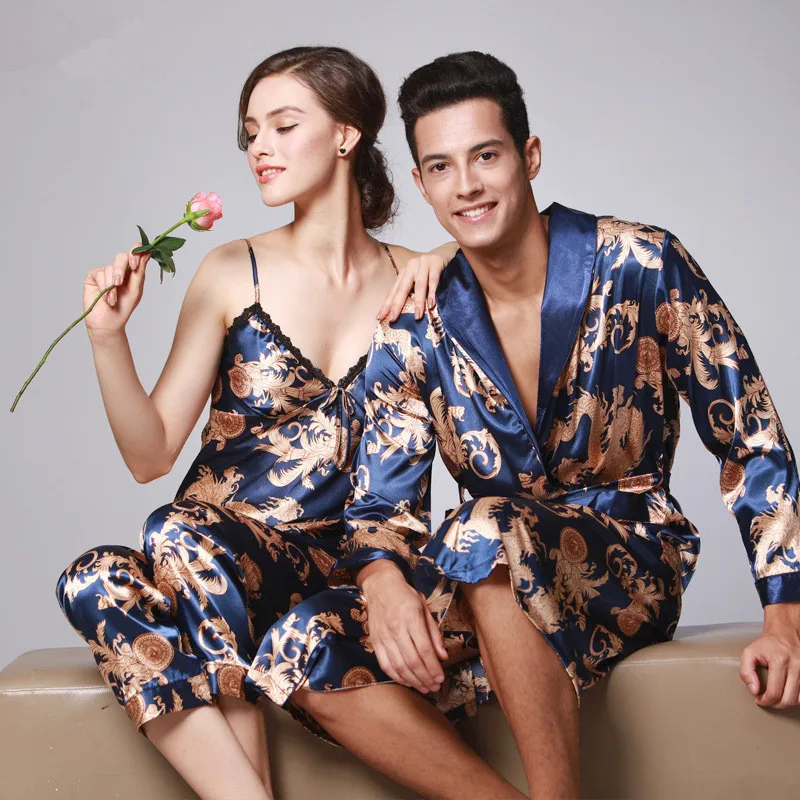 2017 Couple Silk Robes Ladies Silk Lace Robe Long Sleeved Pyjamas Satin