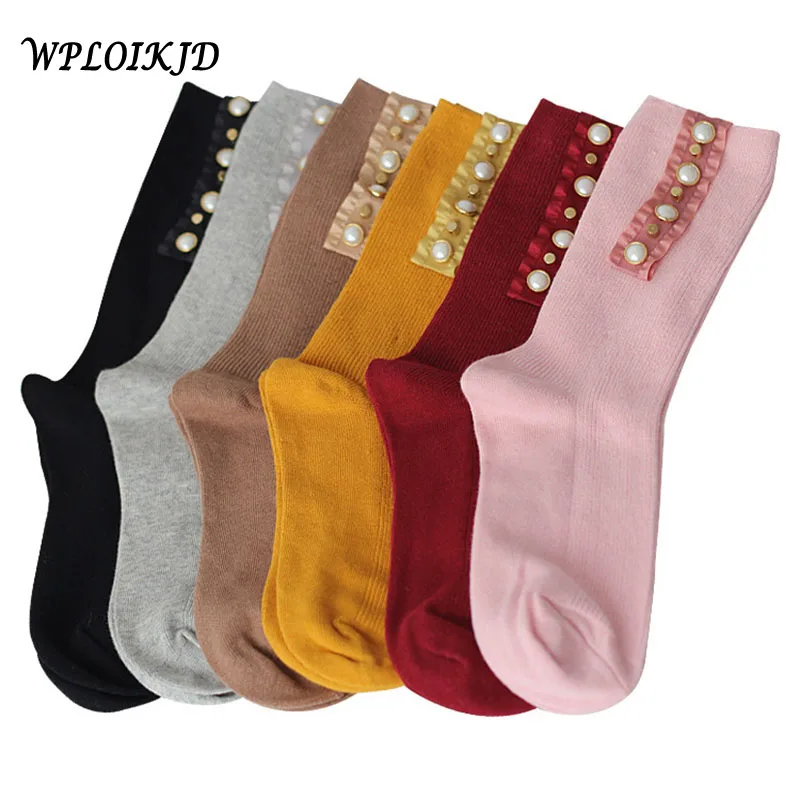 

New Autumn Winter Fashion Lace Nail Pearl Socks Funny Happy Women College Style Candy Color Collocation Striped Sokken Sox