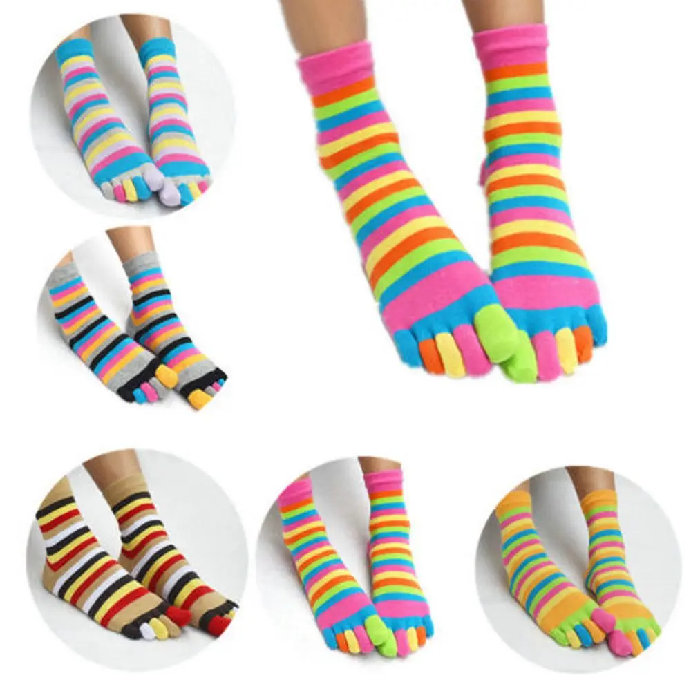 

1 Pair Colorful Striped Socks Women Cotton Five Finger Toe Breathable Soft Rainbow Short Sock Girls harajuku Streetwear Dropship