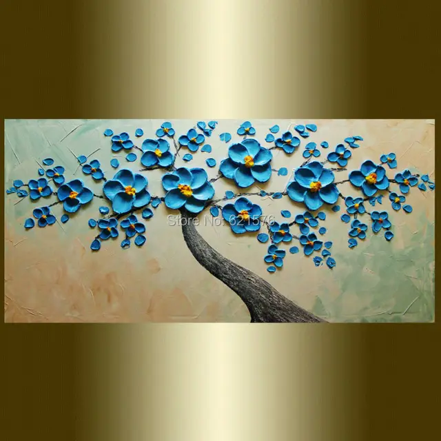 Hand painted modern home decor blue blooming flower tree wall art ...