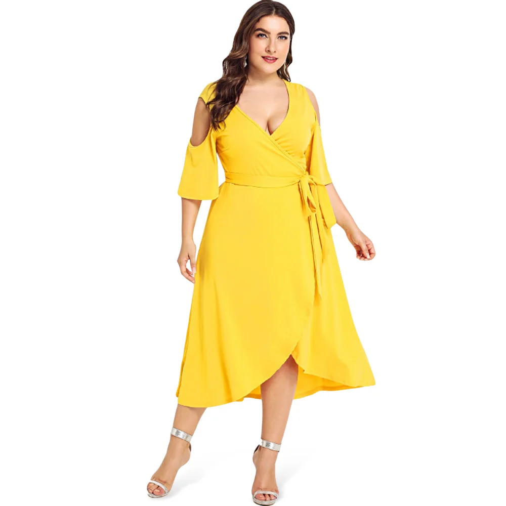 Платье с глубоким вырезом 3/4, рукав-колокол, с открытыми плечами, с поясом, асимметричное, одноцветное, женское платье большого размера, повседневное, до середины икры, Vestido 6XL - Цвет: Yellow