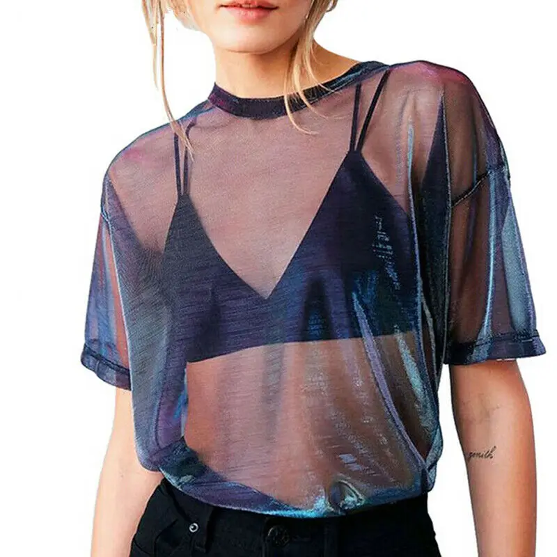 

Summer Sexy Mesh T-Shirt Women Short Sleeve Shirt Crew Neck Women's Loose Transparent Tees Tops Hollow T Shirt