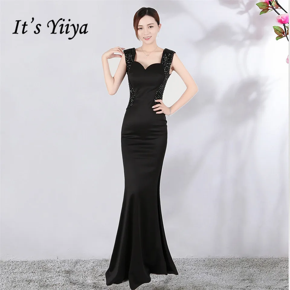 

It's Yiiya evening gown Crystal Square Collar backless trumpet party dress Floor-length sleeveless zipper back prom dresses C136