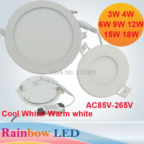 

free shipping LED Panel Light AC220V 3W 4W 6W 12W 15W Round SquareRecessed LED Ceiling Light Spot Down Light Dith Led Driver
