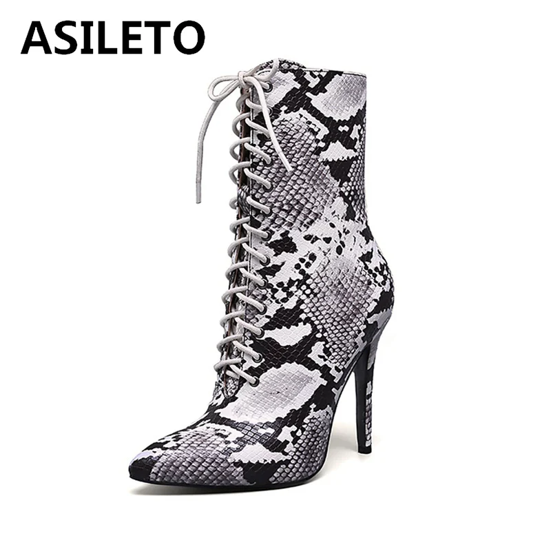 

ASILETO Women short Zipper Boots Snake Print Ankle Boots Thin High heels Lace up Pointed toe Lace up female Chelsea Big size 10