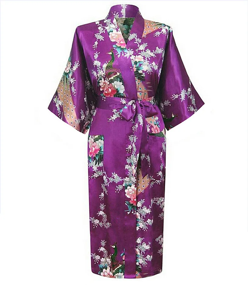 Благородный темно-синий китайский женский халат из искусственного шелка кимоно стильный Сексуальный банный халат ночная рубашка Mujere Vestido Размер S M L XL XXL XXXL S0035 - Цвет: Фиолетовый