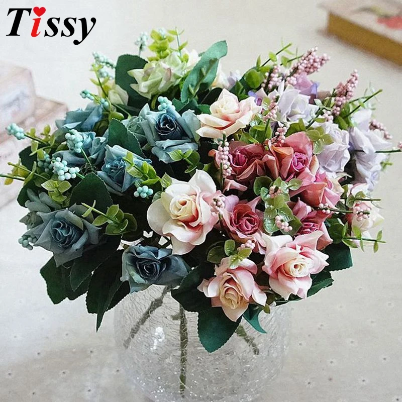 

1 Bouquet Vintage Rose Artificial Flowers Silk Simulation Flower Bouquets Green Leaves For Home Vases Wedding Party Decoration