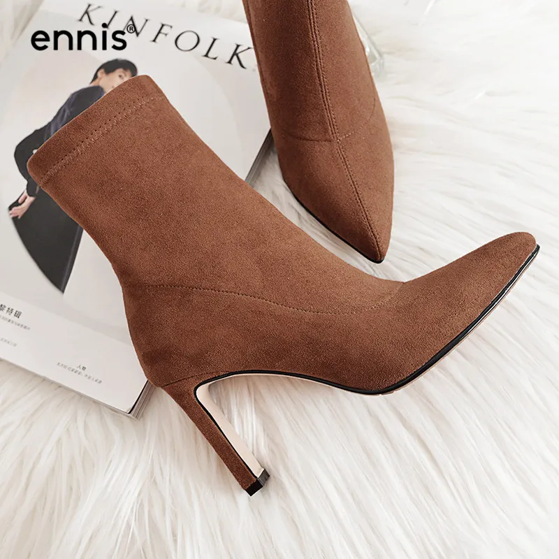 

ENNIS 2019 Women High Heel Boots Pointed Toe Elastic Stretch Boots Faux Suede Ladies Short Boots Fashion Autumn Pump Shoes A804