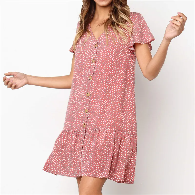 

Ruffled Hem V Neck Button Casual Loose Dress Women Summer Short Sleeve Chiffon Printed Dress Beach Style Mini Short Dress