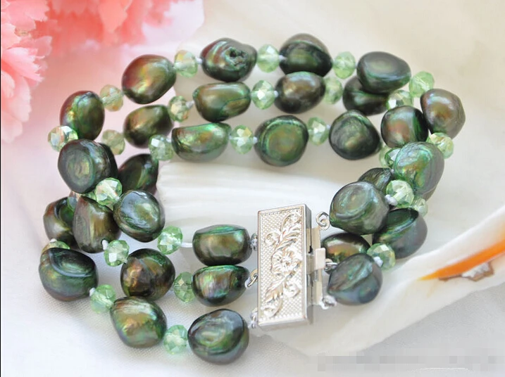 

Free shipping >>>>>>Z5723 NICE 3strands 15mm green baroque FRESHWATER PEARL crystal bracelet 8in