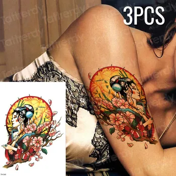 

3pcs/lot Colorful geisha plum umbrella temporary tattoo sticker girls arm flower tattoo body leg back make up Occlusion scar