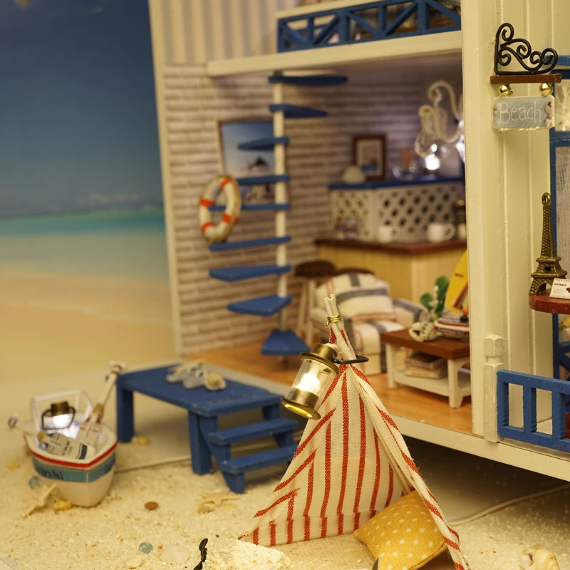 TuKIIE DIY Doll House Miniature Dollhouse With Furnitures 3D Wooden Handmade Toys Gift For Children Aegean Sea A029 #E