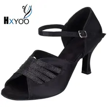 HXYOO 2017 New Arrived Satin Latin Dance Shoes Women Salsa Ballroom Shoes Tango Black Champagne Soft Sole Professional WK029