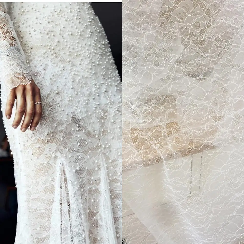 5 метров Изысканная белая Шантильи Цветочная вышивка кружевной ткани для свадебного платья подкладка наложения подол