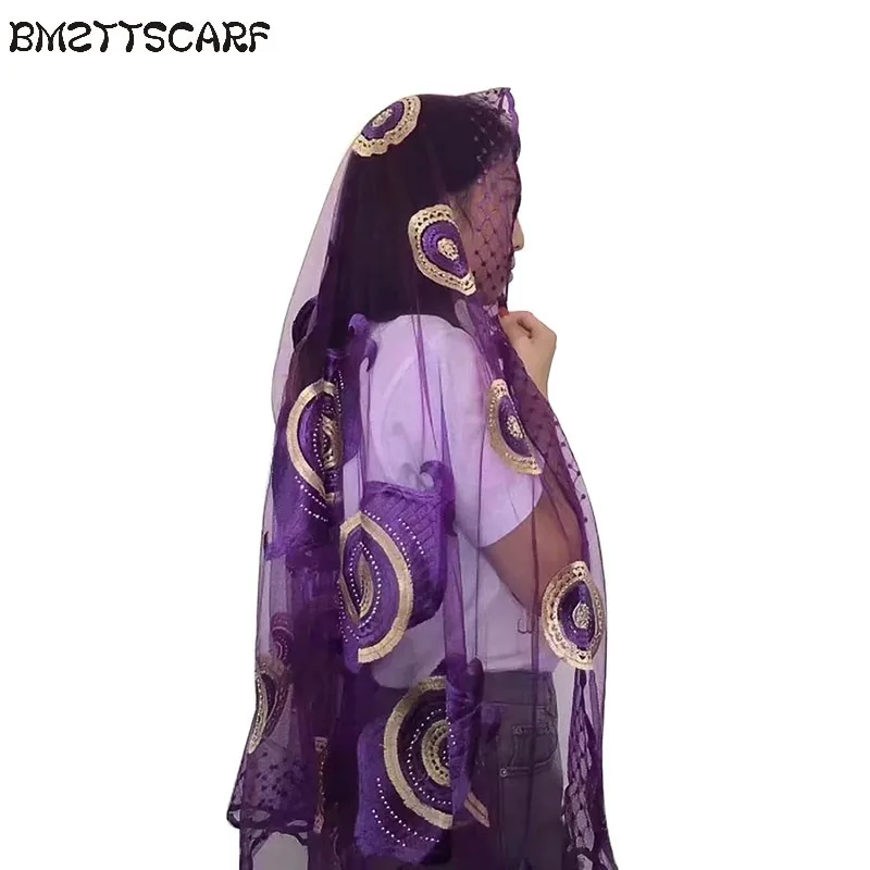 Шарф из тюли, африканские женские большие тюлевые шарфы мусульманские emrboidery мусульманский шарф больших размеров для Шали Обертывания BM346 - Цвет: BM346 3