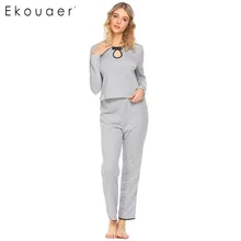 Ekouaer/женская пижама с кружевом; Повседневная Пижама с круглым вырезом и длинными рукавами; топы с эластичной резинкой на талии; комплекты одежды для сна; домашняя одежда