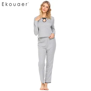 

Ekouaer Women Pamajas Set Lace Casual Nightwear Suit Scoop Neck Long Sleeve Tops Elastic Waist Sleepwear Sets Home Clothing