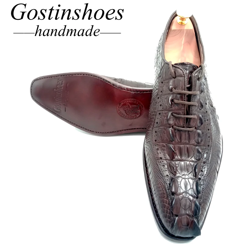 Goodyear Welted Handmade Men Dress Shoes Luxury Brown Genuine Crocodile Skin Lace-up Pointed Toe Men Formal Shoes Oxford GSTN014