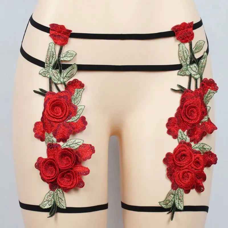Женские сексуальные штаны с высокой талией, в клетку, для тела, с вышивкой, лепесток цветка розы, аппликация, ноги, эластичные, на бретелях, нижнее белье, подвязки, пояс