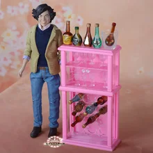 New Miniature Furniture Wine Cabinet Set with Wine cup Racks for barbie kurhn Doll House Best Gift Toys for Girl