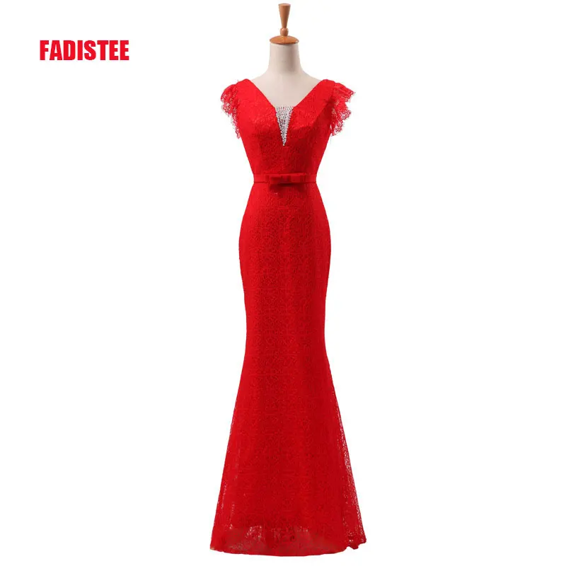 FADISTEE, Новое поступление, вечернее платье для выпускного вечера, Vestido de Festa, роскошное, бисероплетение, v-образный вырез, кружевное длинное платье с оборками, рукава, вечернее длинное платье - Цвет: Красный