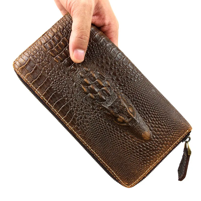 

New Men Genuine Leather Long Wallet, with 3D Crocodile Head Pattern, Brown Zipper Around Purse